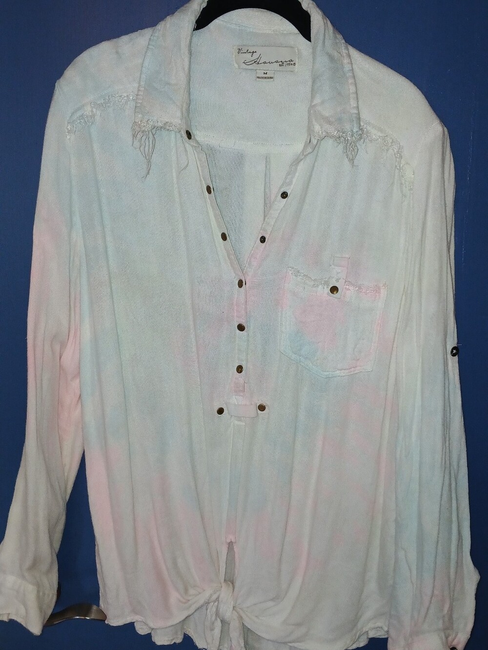 Vintage Havana Pastel Tie-Dye Button Front Blouse - White Pink Blue